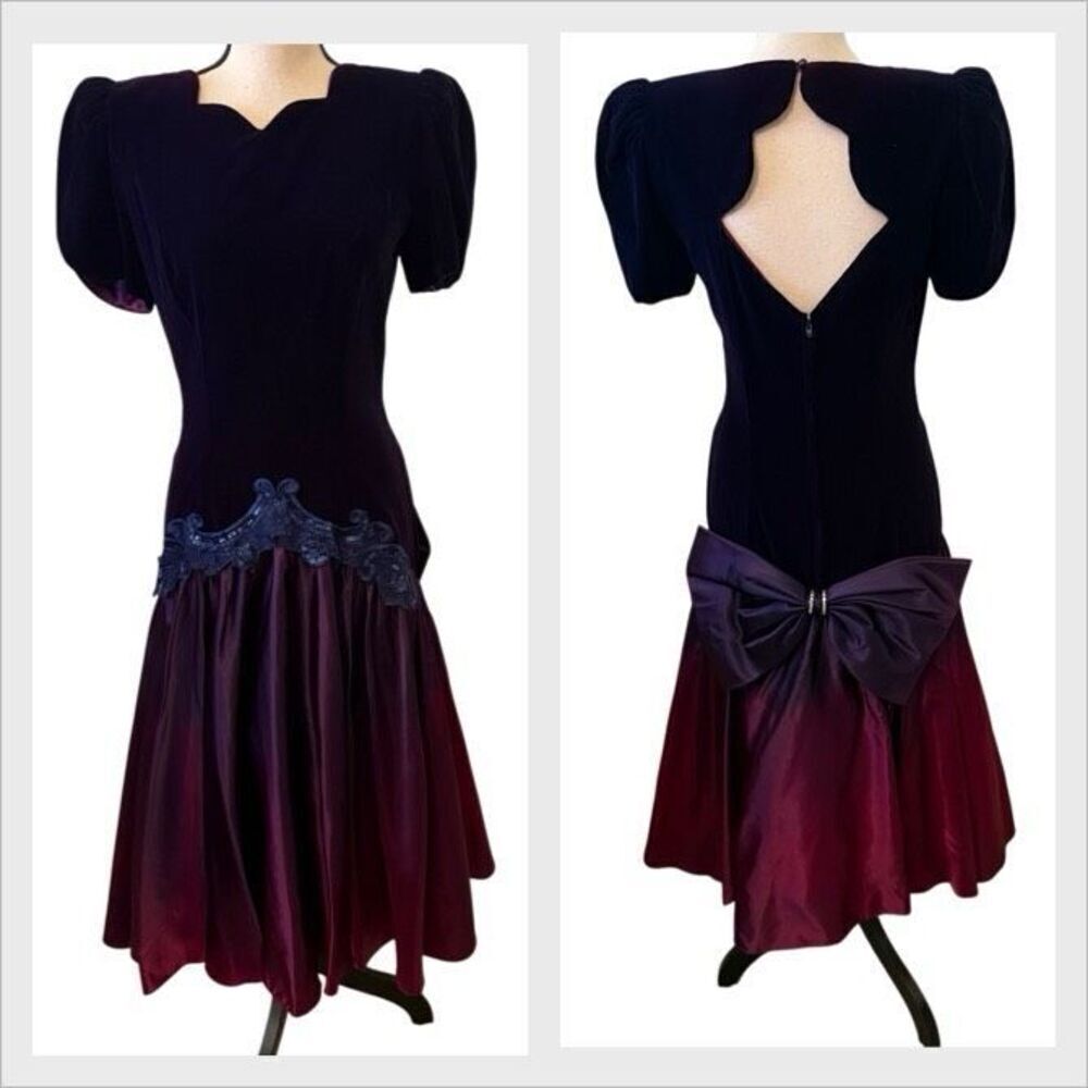Vtg Niki Originals Purple Velvet and Satin Romantic Dropped Waist Dress Sz 6
